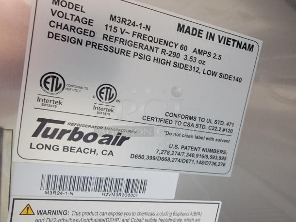 Label showing Turbo Air refrigerator details: Model M3R24-1-N, uses R-290 refrigerant, made in Vietnam, conforms to UL STD. 471.