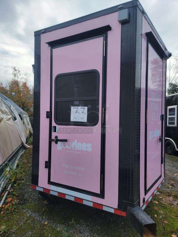 SDG Model 20 mobile retail trailer, pink exterior with "Goodees Provisions" branding. Includes high-end refrigeration and IT/security setup.