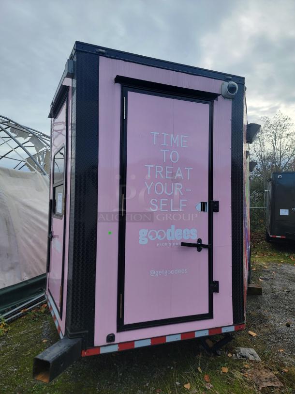 Mobile retail/freezer trailer by Southern Dimensions Group, pink exterior with "Goodees Provisions" branding, 8.5ft x 20ft.