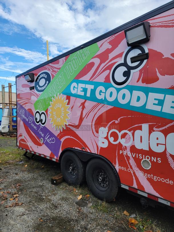 SDG 20 mobile retail trailer, vibrant "Goodees Provisions" design, dual axle, ideal for frozen goods, April 2021 build.