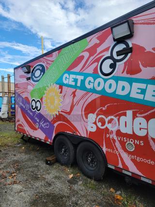 SDG 20 mobile retail trailer, vibrant "Goodees Provisions" design, dual axle, ideal for frozen goods, April 2021 build.