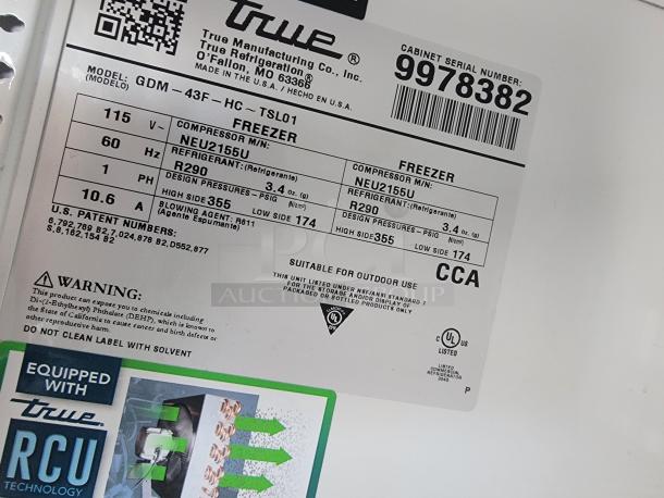 Label showing True Manufacturing freezer model GDM-43F-HC-TSL01, serial number 9978382, using R290 refrigerant.