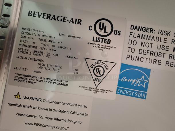 Beverage-Air label on commercial fridge. Model: MT53-1-SD, UL listed, R-290 refrigerant, Energy Star rated.