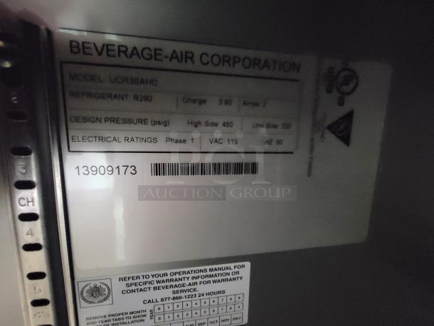 Label close-up of Beverage-Air refrigeration unit, Model UCR36AHC. Displays refrigerant type R290, electrical ratings, and design pressure.