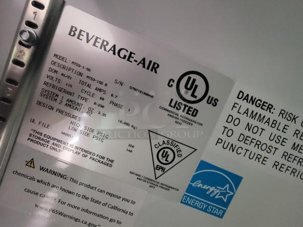 Beverage-Air label on refrigeration unit in Diamond Cargo trailer, showing model MT53-1-SD details, UL listing, and warnings.