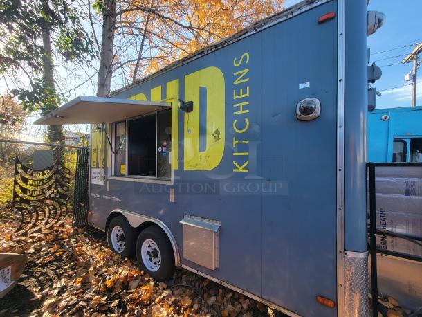 2018 STM 14-Foot Concession Trailer, mobile kitchen, blue exterior with serving window, food vending ready.