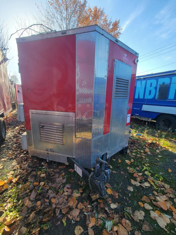 2019 Anvil 16' food trailer, red, diamond plating, for restoration, visible damage from grease fire, VIN 7FYBE1624KD009163.