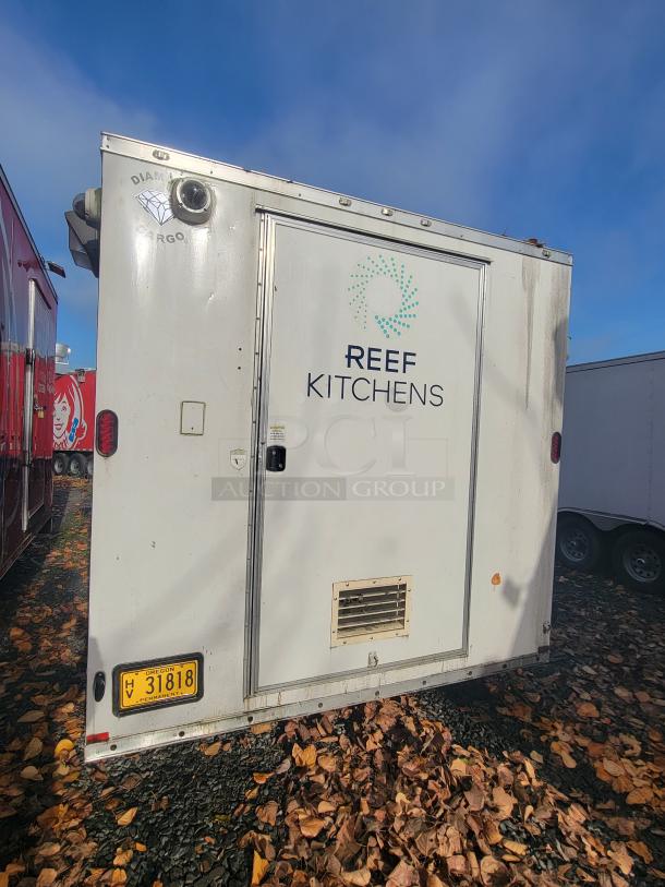 2020 16' Diamond Cargo food trailer, marked "REEF KITCHENS," Oregon license 31818, commercial-grade for ghost kitchen use.