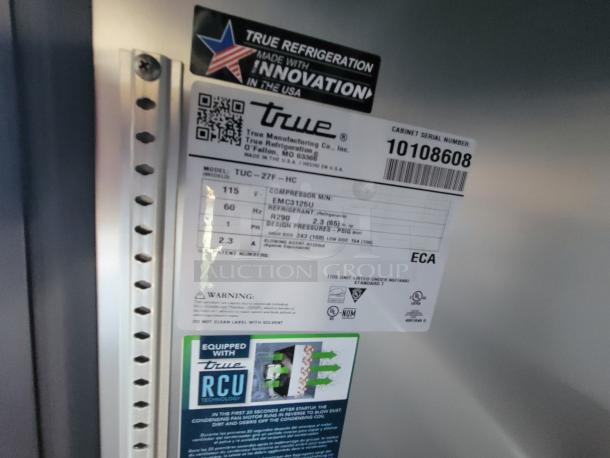 Label of True Refrigeration TUC-27F-HC, showing model details, serial number 10108608, R290 refrigerant, 2.3 oz charge.