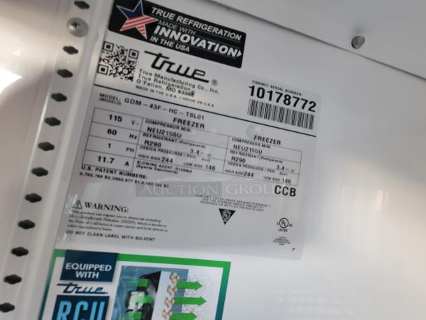 Label on True Freezer Model GDM-43F-HC-TSL01, featuring specifications like R290 refrigerant charge of 3.4 oz, 115V, and 60Hz.