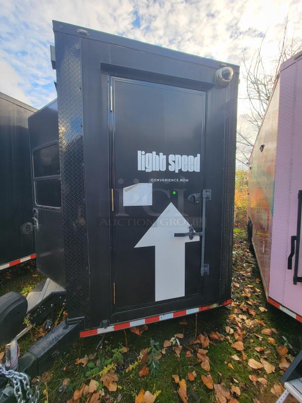 2021 SDG 20' Mobile Market Trailer with "light speed" branding, robust chassis, 5 True coolers, ideal for delivery use.