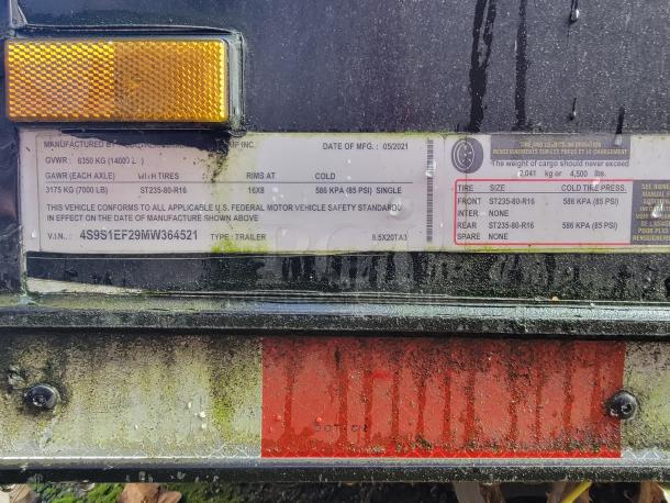 Exterior view of 2021 SDG 20' Mobile Market Trailer. Label shows GVWR 14,000 lb, VIN 4S9S1EF29MW364521, tire specs, and manufacture date 05/2021.