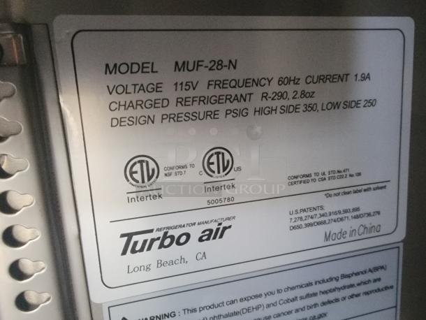 Turbo Air refrigeration label showing Model MUF-28-N, voltage 115V, and R-290 refrigerant details. Made in China.