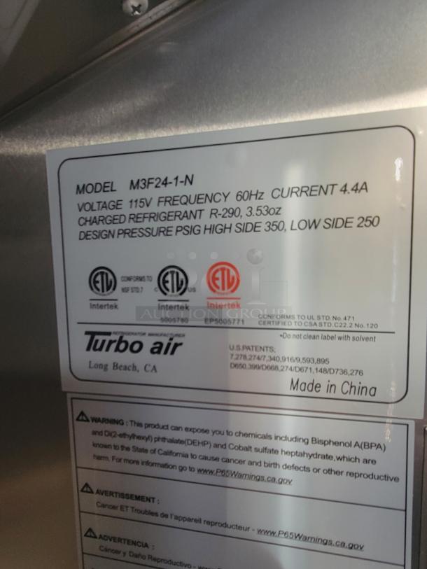 Label from Turbo Air refrigeration unit in a 2022 Rock Solid Cargo kitchen trailer. Model M3F24-1-N, R-290 refrigerant. Made in China.