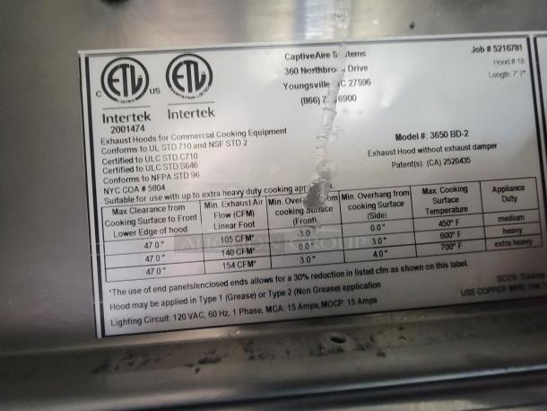 Label of CaptiveAire Systems Model 3650 BD-2, detailing exhaust hood specs: airflow, temperature, and appliance duty guidelines.