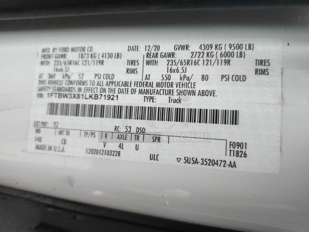 2020 Ford Transit-350 label showing VIN 1FTBW3X81LKB71921, weight details, and manufacturing info.