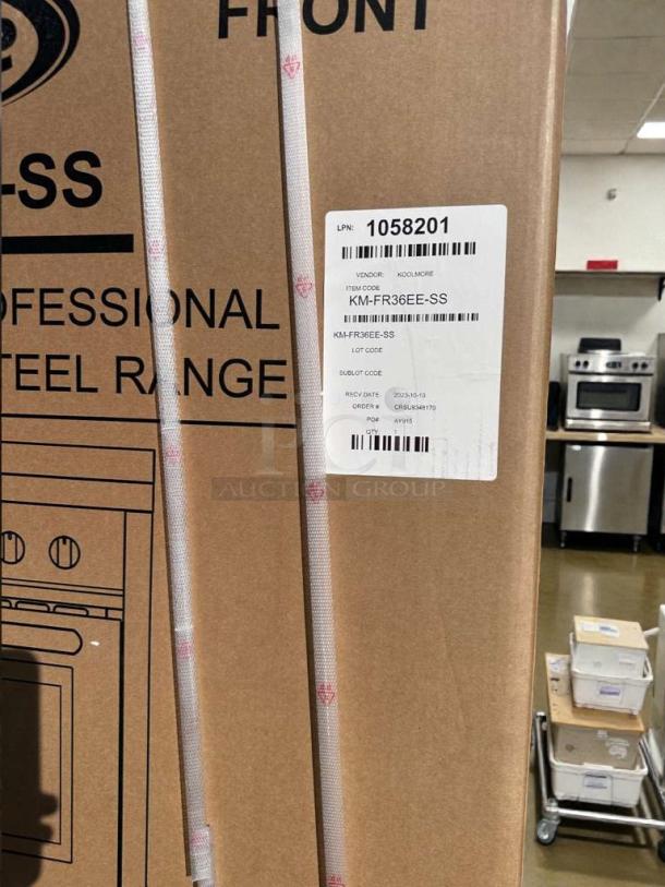 KoolMore 36" Professional Electric Range (Model KM-FR36EE-SS), brand new scratch & dent, labeled packaging visible.