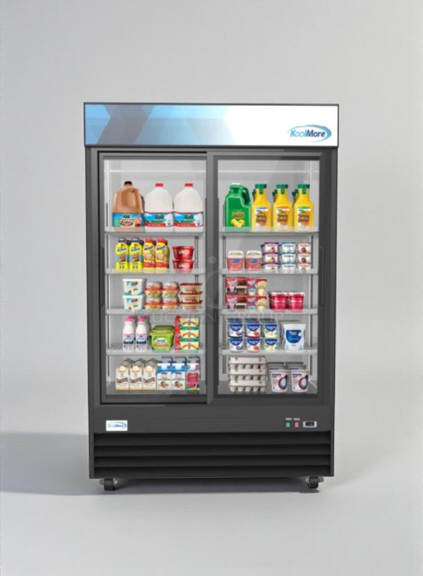 Brand new Koolmore 53" two-door glass merchandiser refrigerator, Model MDR-2D-GSLD, displaying assorted drinks and groceries.