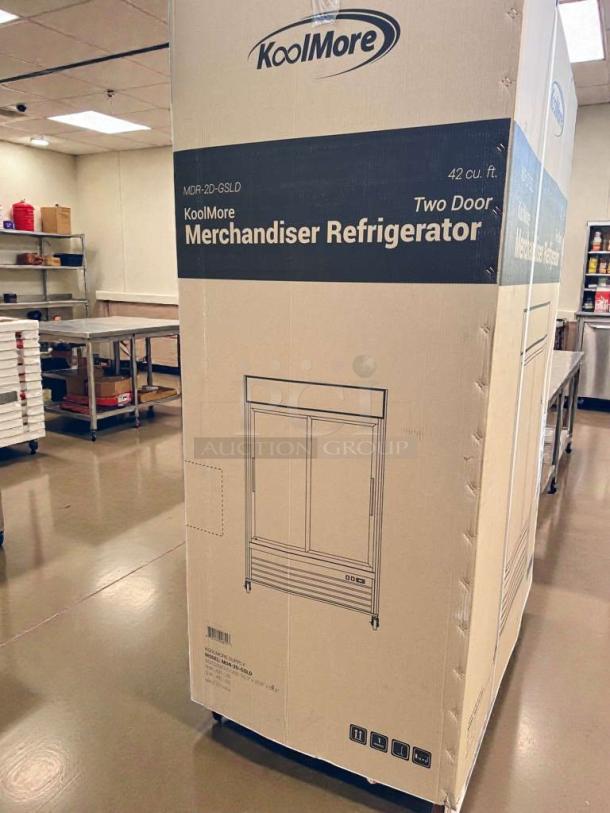 Brand New Koolmore 53" Two-Door Glass Merchandiser Refrigerator, Model MDR-2D-GSLD, in original packaging.