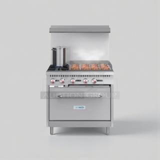 Brand new Koolmore 36" gas range with oven, model KM-CRG36-NG. Features include multiple burners, stainless steel finish.