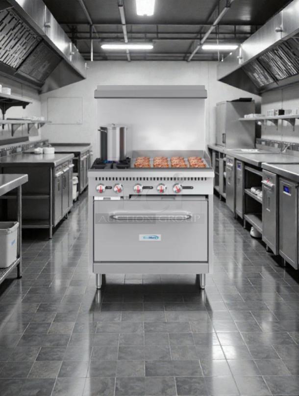 Brand new KoolMore 36" Gas Range with Oven, model KM-CRG36-NG, featuring six burners and stainless steel exterior.