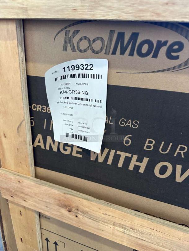 Brand new Koolmore 36" Gas Range with Oven, model KM-CRG36-NG. Scratch & dent condition, label shows vendor and item code.