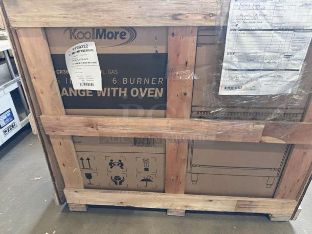 Brand new KoolMore 36" Gas Range with Oven. Model KM-CRG36-NG. Box shows "scratch & dent". Labels indicate shipping details.