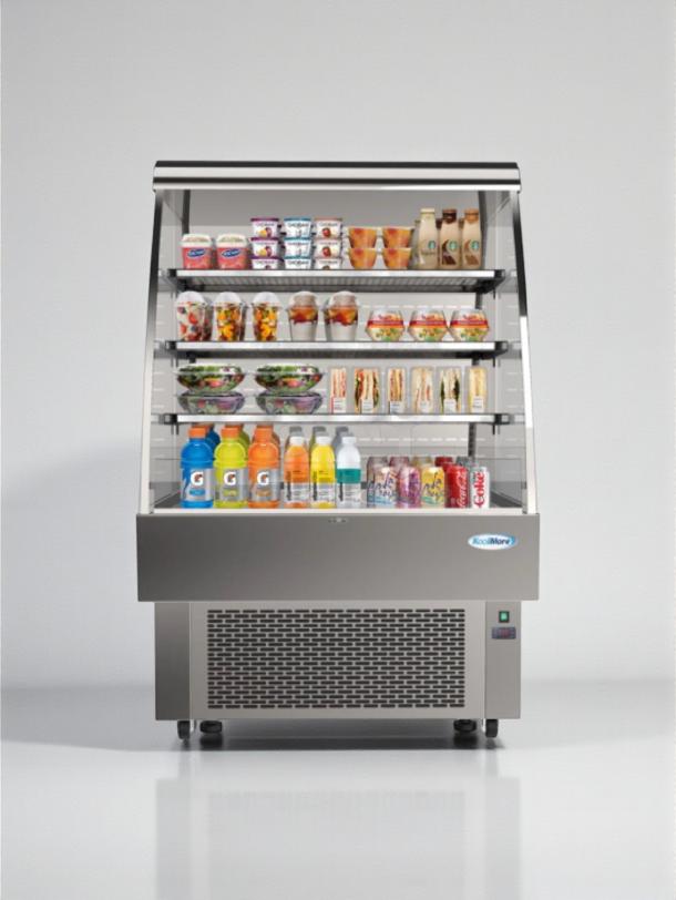 KoolMore CDA-13C open air refrigerated display merchandiser, brand new with slight scratches, showcasing drinks and snacks.