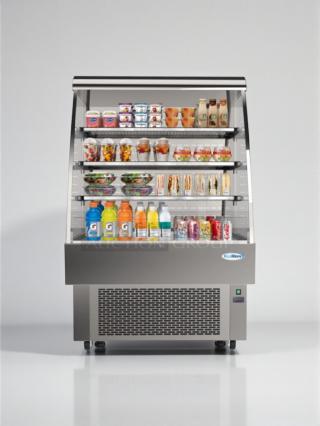 KoolMore CDA-13C open air refrigerated display merchandiser, brand new with slight scratches, showcasing drinks and snacks.