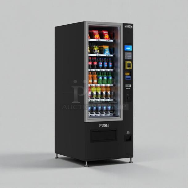 Brand new KoolMore refrigerated snack vending machine, model KM-VMR-30-BR, with minor scratches and dents.