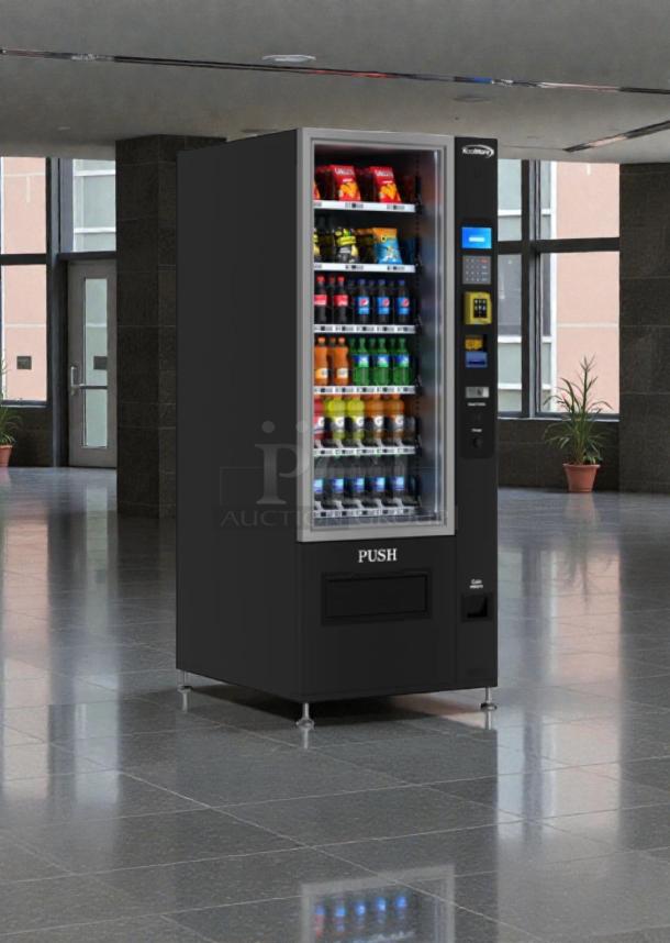 Brand New Koolmore KM-VMR-30-BR refrigerated snack vending machine, scratch & dent condition, displaying snacks and drinks.