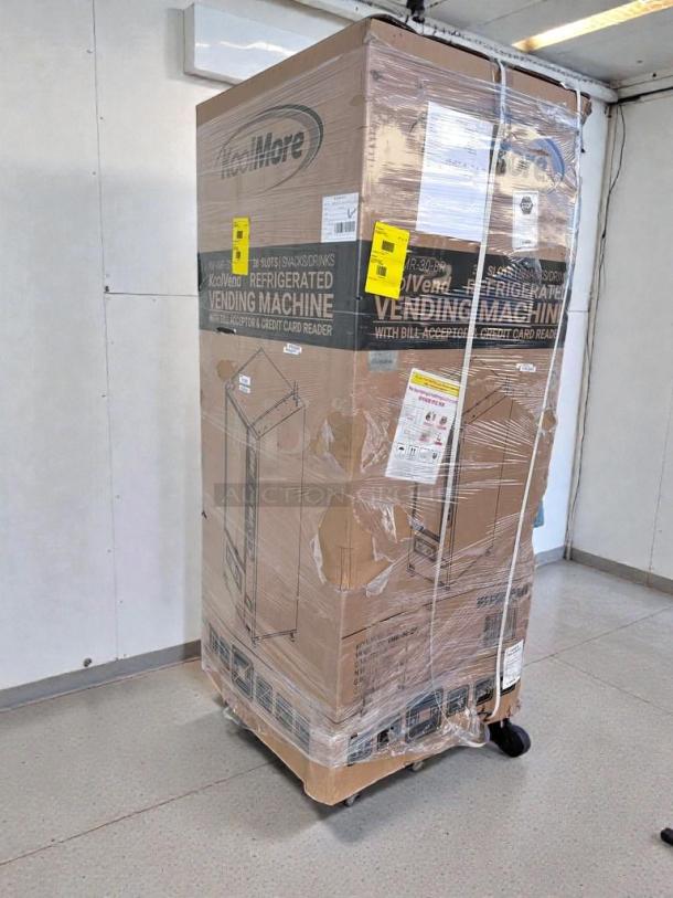 Brand new KoolMore refrigerated vending machine, model KM-VMR-30-BR, in packaging with scratch & dent condition.