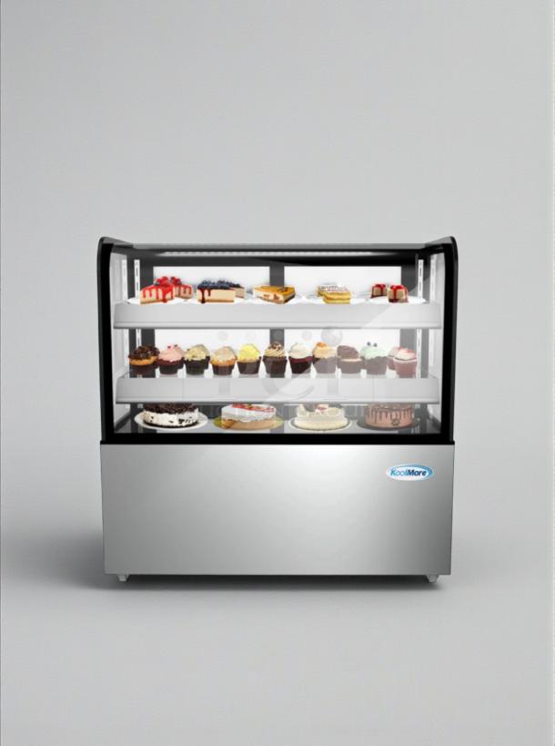 KoolMore Refrigerated Bakery Display Case, model KML-L-BDC-0031, scratch and dent condition, sleek design.