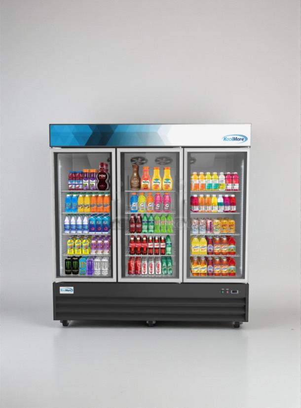 KoolMore 3-Door Glass Merchandiser Refrigerator, Model MDR-3GD, Scratch & Dent, brand new condition, item KML-L-Ref-0034.