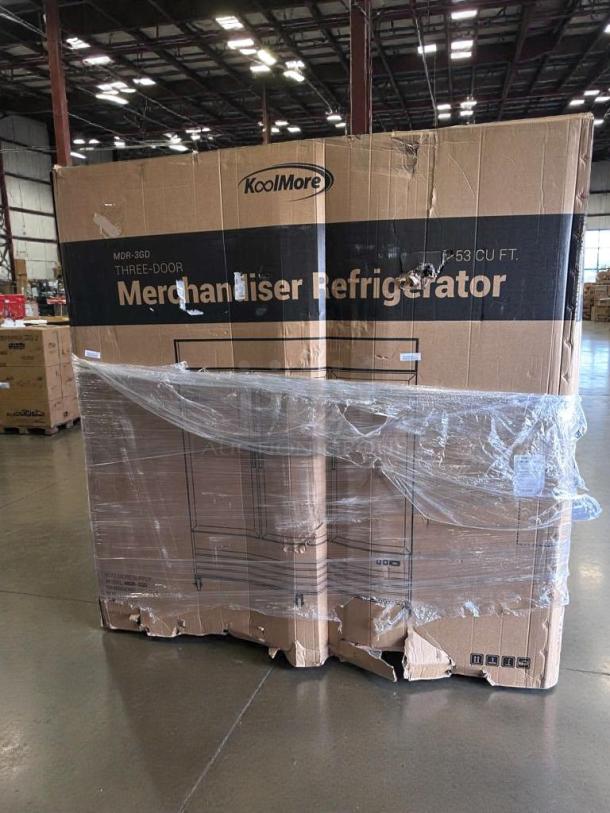 Brand new KoolMore MDR-3GD 3-Door Glass Merchandiser Refrigerator, in original packaging. Scratch and dent condition.