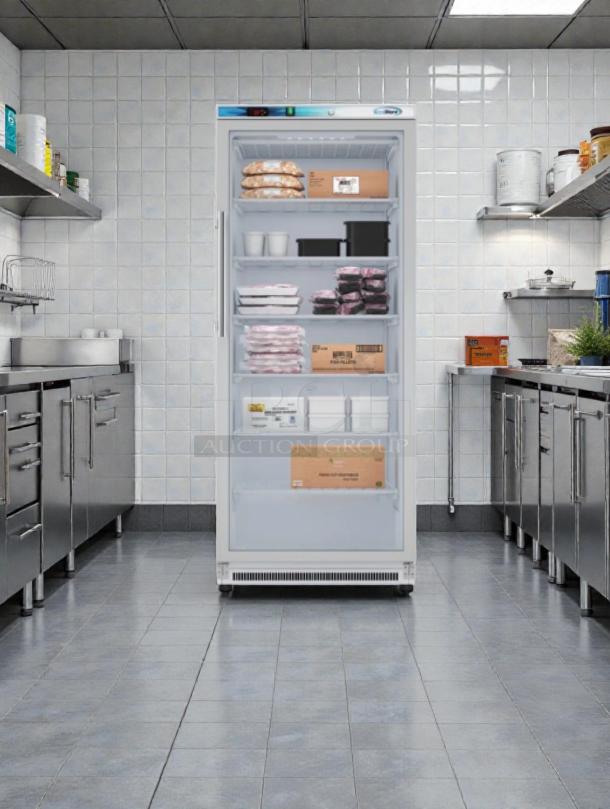 Brand new KoolMore KM-FMD20WGD commercial reach-in freezer with glass door, visible shelving. Scratch & dent model.