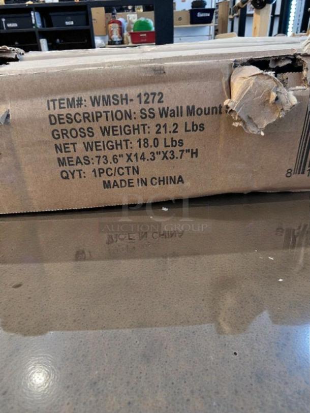 Brand New KoolMore Stainless Steel Wall Shelf, Model WMSH-1272. Dimensions: 73.6"x14.3"x3.7". Slight box damage.