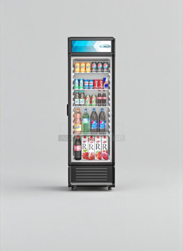 Brand new KoolMore MDR-9CP 9 Cu. Ft. electric merchandiser refrigerator, scratch & dent model, stocked with drinks.