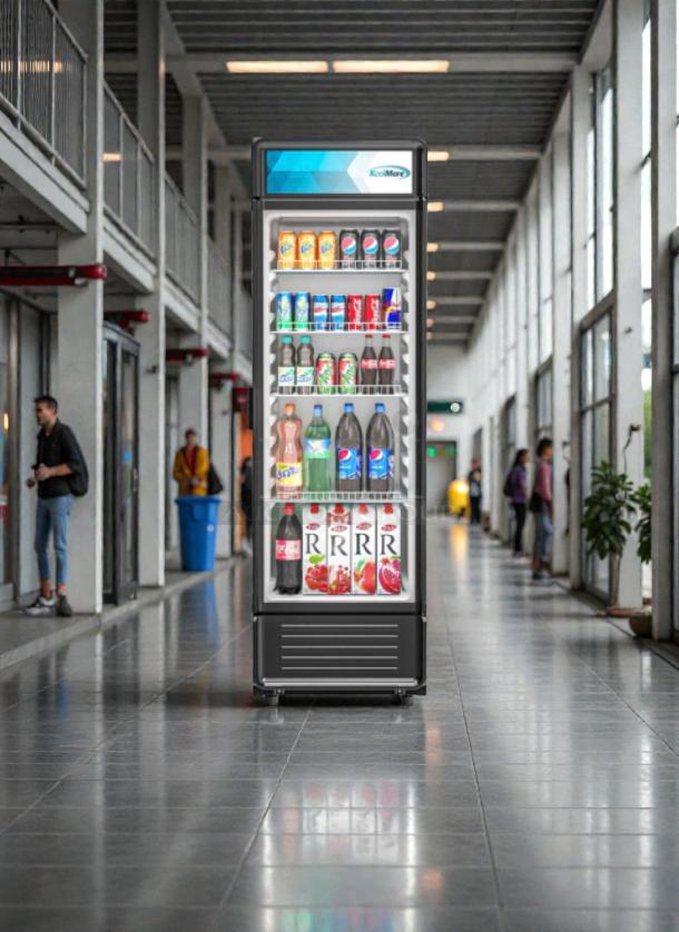 Brand New KoolMore MDR-9CP Electric Merchandiser Refrigerator, 9 Cu. Ft., Scratch & Dent, filled with beverages.