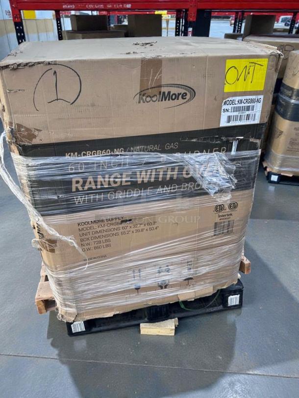 KoolMore 60" gas range with oven, griddle, broiler in scratch & dent condition. Model KM-CRGB60-NG, sealed in original packaging.