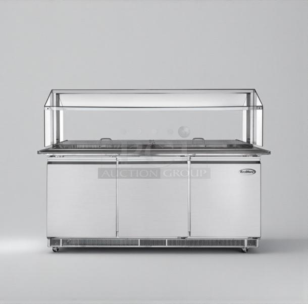 Brand new KoolMore 72" refrigerated prep station with sneeze guard, model KM-RBT-72CSFG. Features three-door design, scratch & dent.
