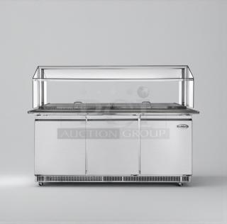 Brand new KoolMore 72" refrigerated prep station with sneeze guard, model KM-RBT-72CSFG. Features three-door design, scratch & dent.