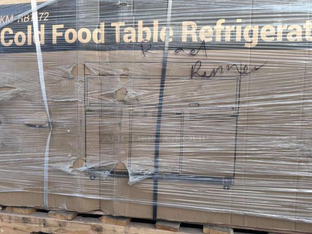 Brand new KoolMore 72" refrigerated prep station, model KM-RBT-72CSFG, in packaging. Marked as scratch & dent.