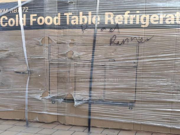 Brand New KoolMore 72" Refrigerated Prep Station (KM-RBT-72CSFG), visible packaging, scratch & dent condition.