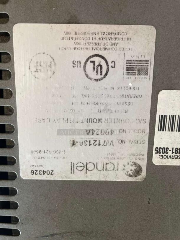 Label on Randell commercial undercounter refrigerator, Model 4002-A, 115V, single phase, UL certified, made in USA.
