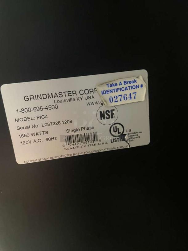 Grindmaster PIC4 cappuccino dispenser label showing model, serial number, 120V, 1650 watts, NSF, UL certifications.