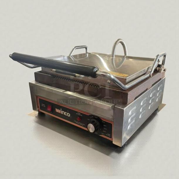 Immaculate Winco EPG-1C commercial single panini grill, 120V, tested and fully working, stainless steel, countertop model.