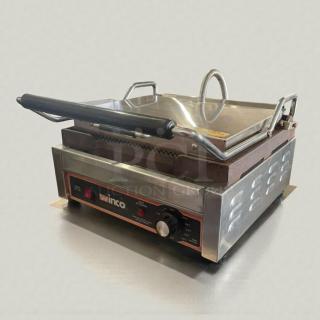 Immaculate Winco EPG-1C commercial single panini grill, 120V, tested and fully working, stainless steel, countertop model.