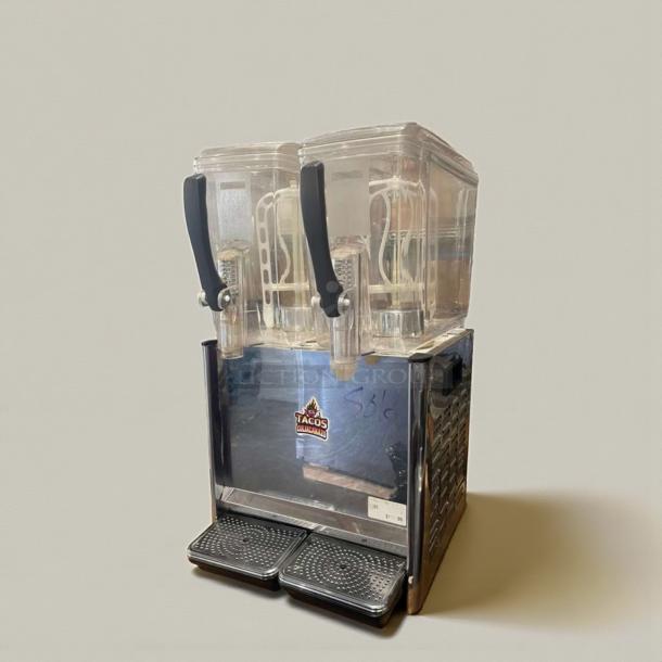 COMAI LYJ-JY/P12LX2 cold drink dispenser, dual tanks, superb condition, 110V, fully tested, reflective metal finish.