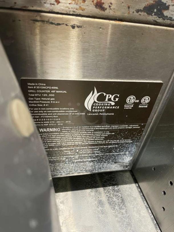 Cooking Performance Group 48" gas griddle in pristine condition, model 351GMCPG48NL, natural gas, 120,000 BTU, fully tested.